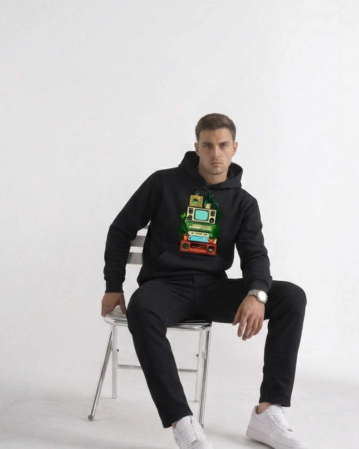 Vintage-looking hoodie featuring retro tech graphics, breathable fabric blend, and modern streetwear styling.