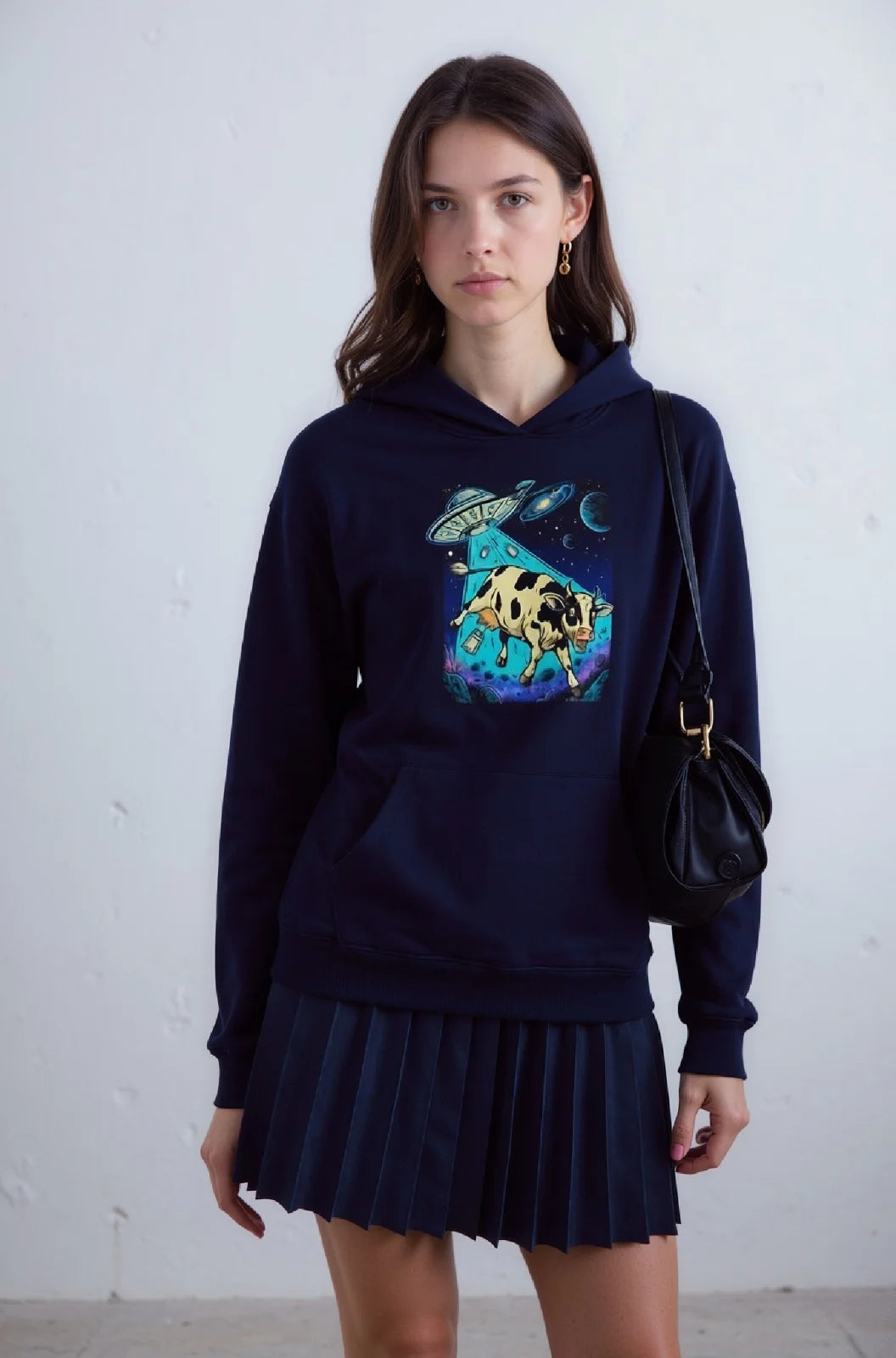 Comfortable cosmic cow hoodie featuring a colorful graphic print, breathable fabric, and modern streetwear styling.