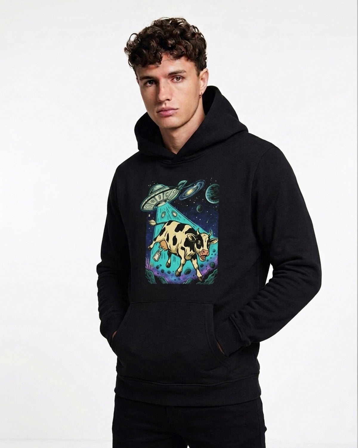 Cosmic Cow Graphic Hoodie Designed for Bold Streetwear Style