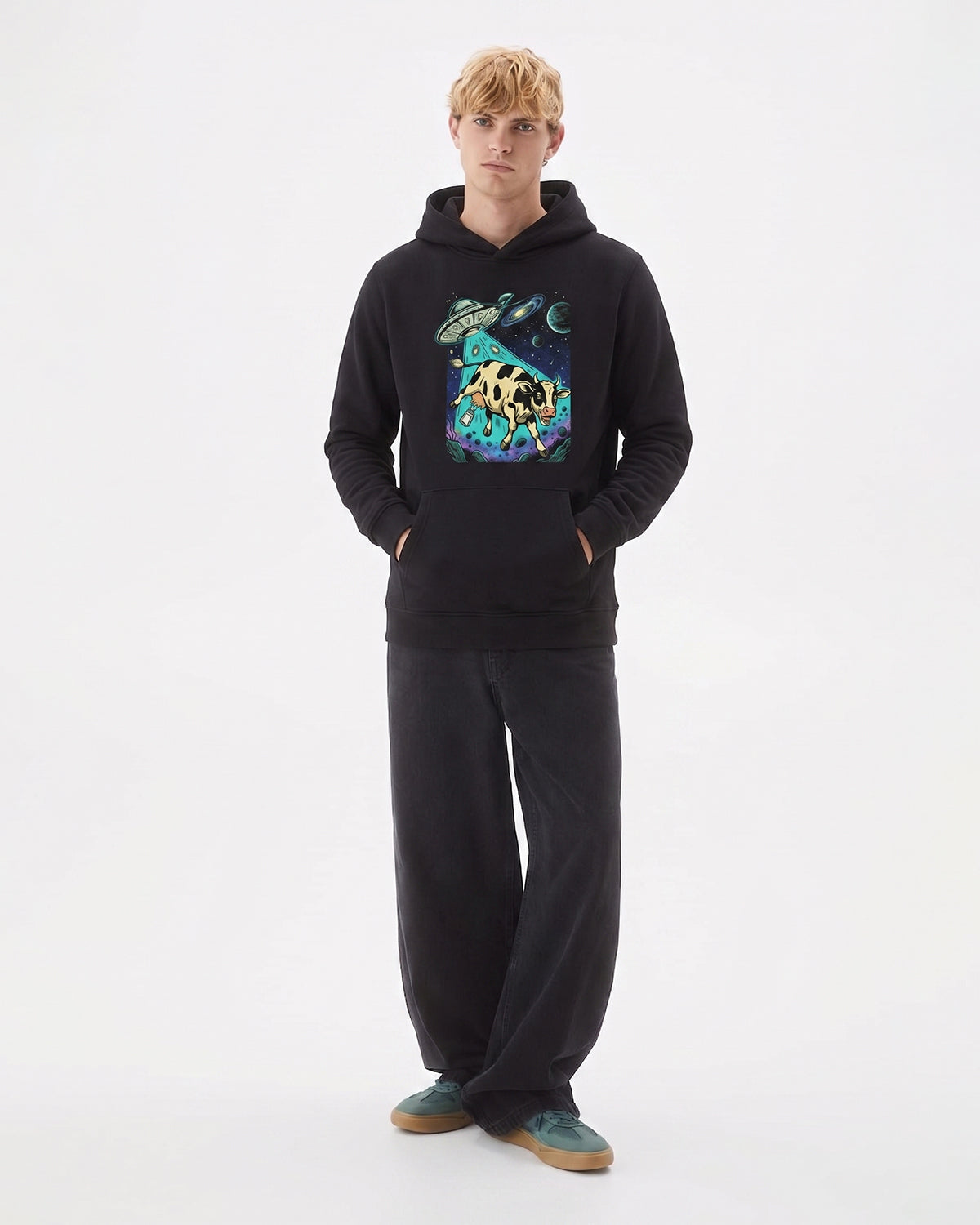 Cosmic Cow Graphic Hoodie Designed for Bold Streetwear Style