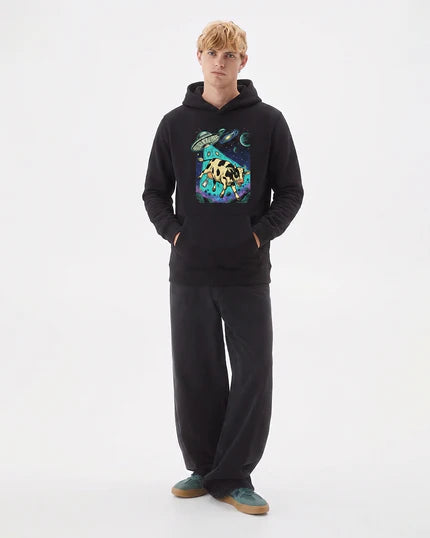 Cosmic cow graphic hoodie with colorful space-inspired design, adjustable hood, and relaxed fit for everyday streetwear.