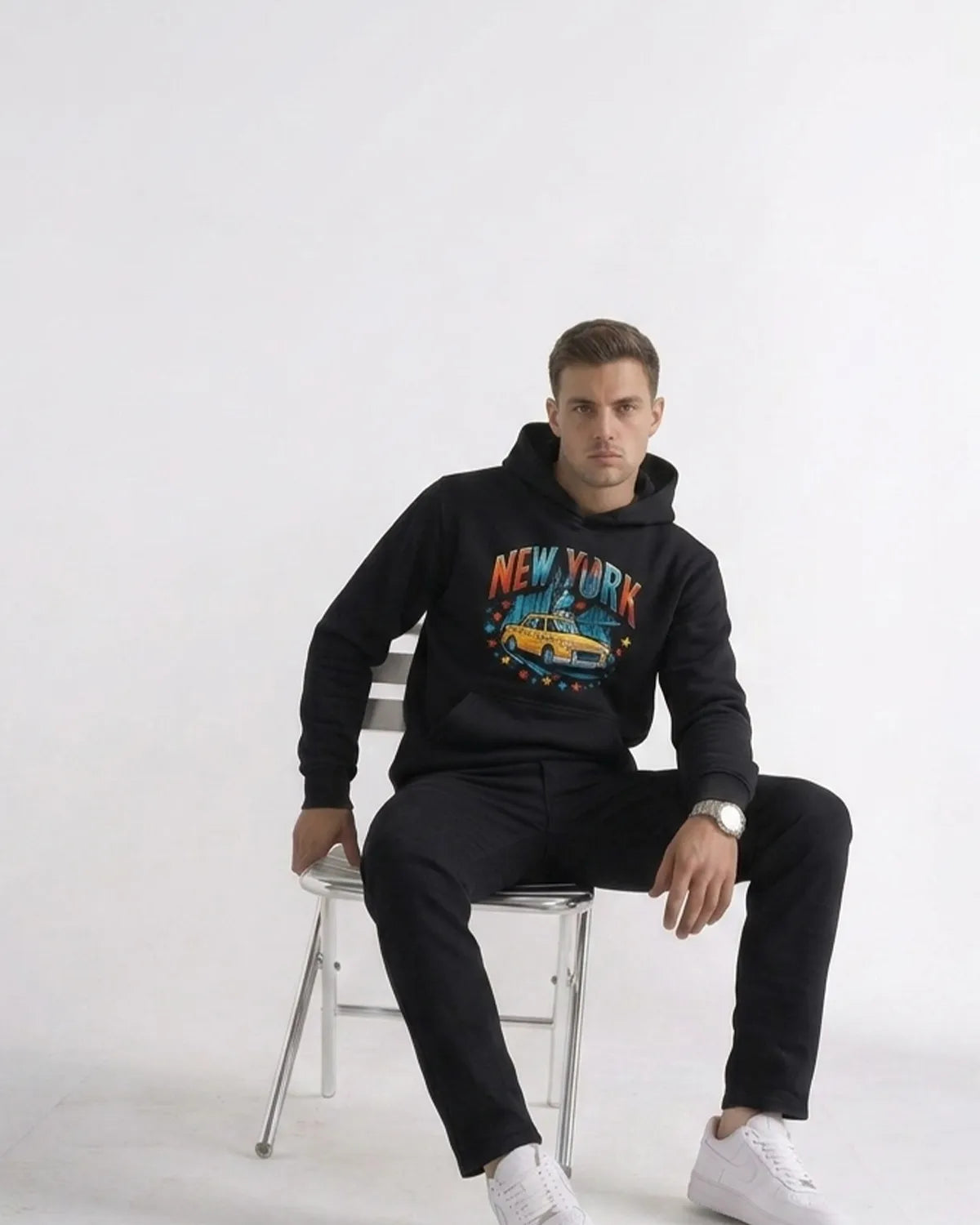 NYC taxi graphic hoodie featuring colorful cab artwork, adjustable hood, comfortable fit, and everyday streetwear style.