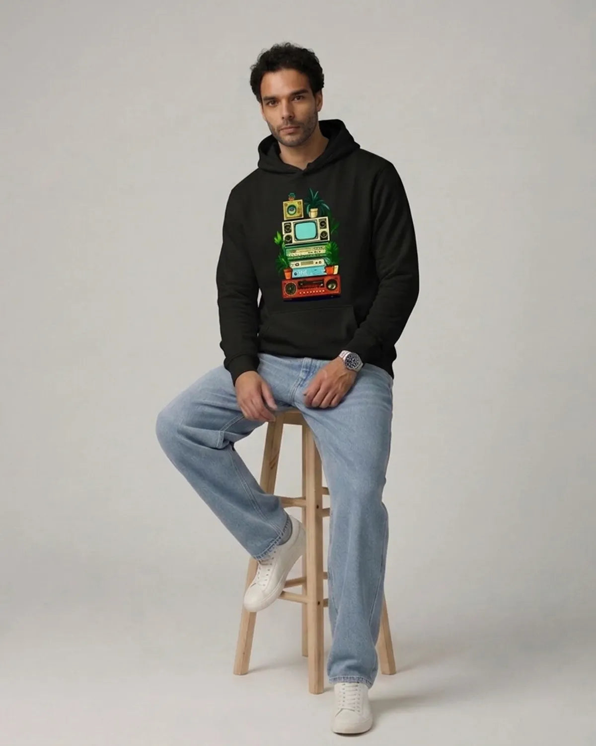 Retro tech graphic hoodie showcasing classic-inspired artwork, ribbed cuffs, adjustable hood, and comfortable relaxed fit.
