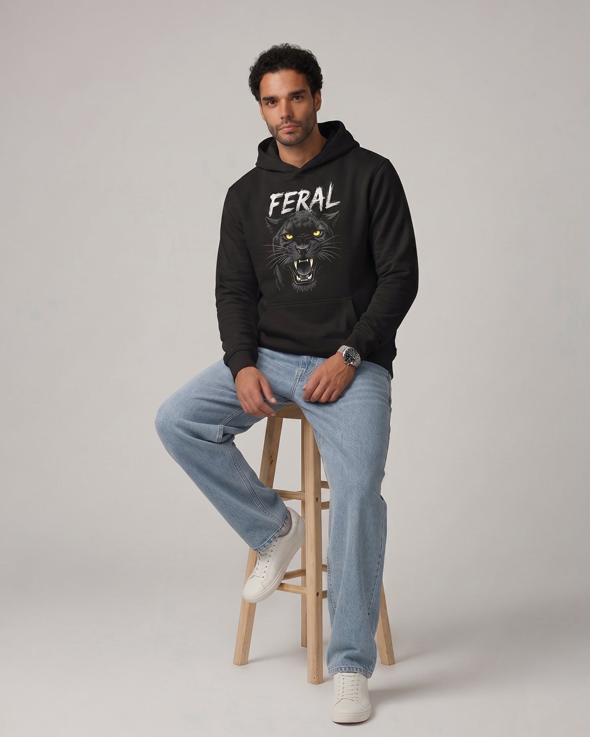 Roguehood black feral panther hoodie featuring eye-catching animal graphics, ribbed cuffs, and breathable fabric blend.