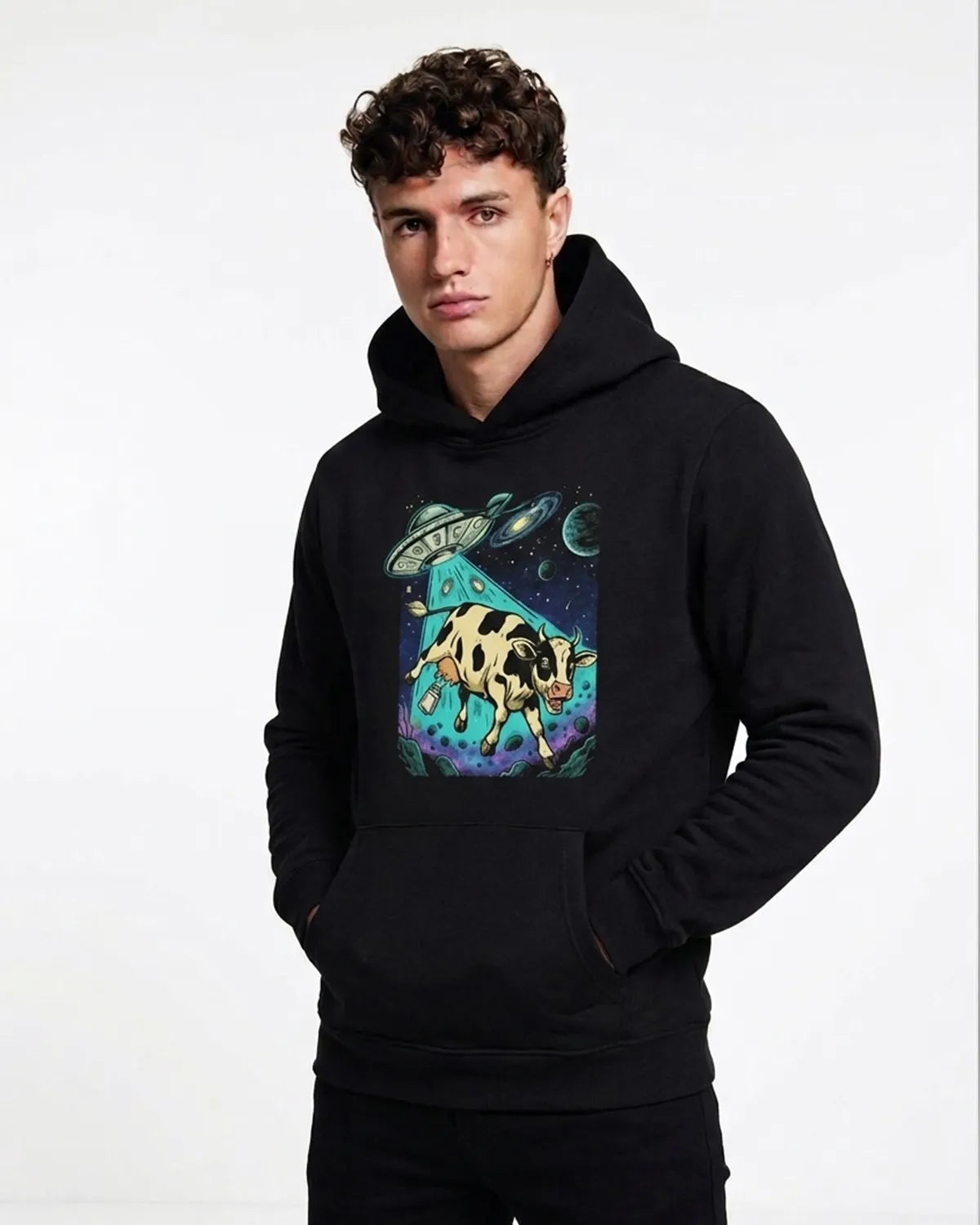 Premium Roguehood cosmic cow hoodie featuring a vibrant galaxy-inspired graphic and comfortable cotton polyester blend.