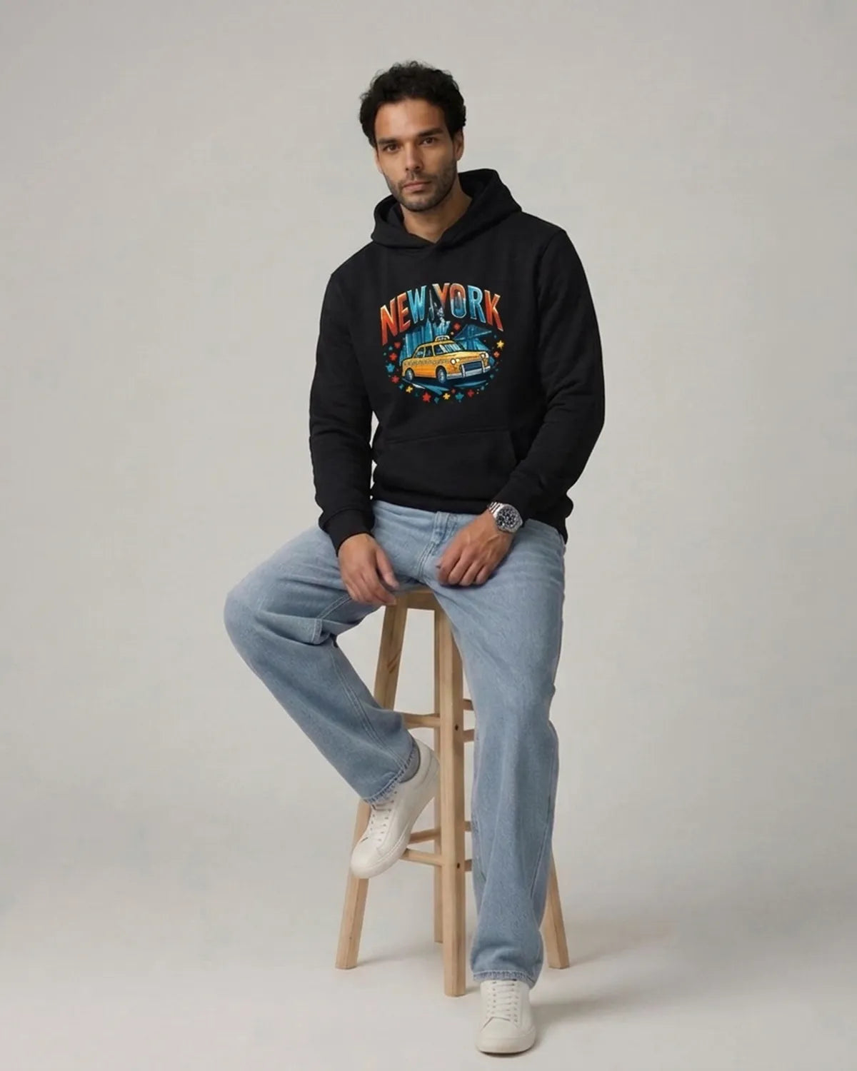 Roguehood yellow taxi print hoodie showcasing iconic city-inspired artwork, breathable fabric, and ribbed cuffs.
